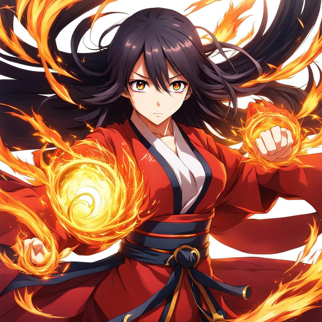 Anime Spirit of Fire with Fearless Expression