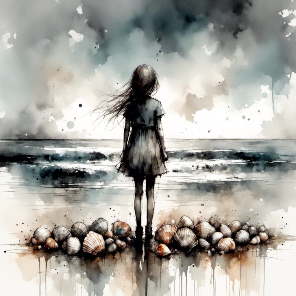 Seashells on the Seashore in Charcoal and Ink