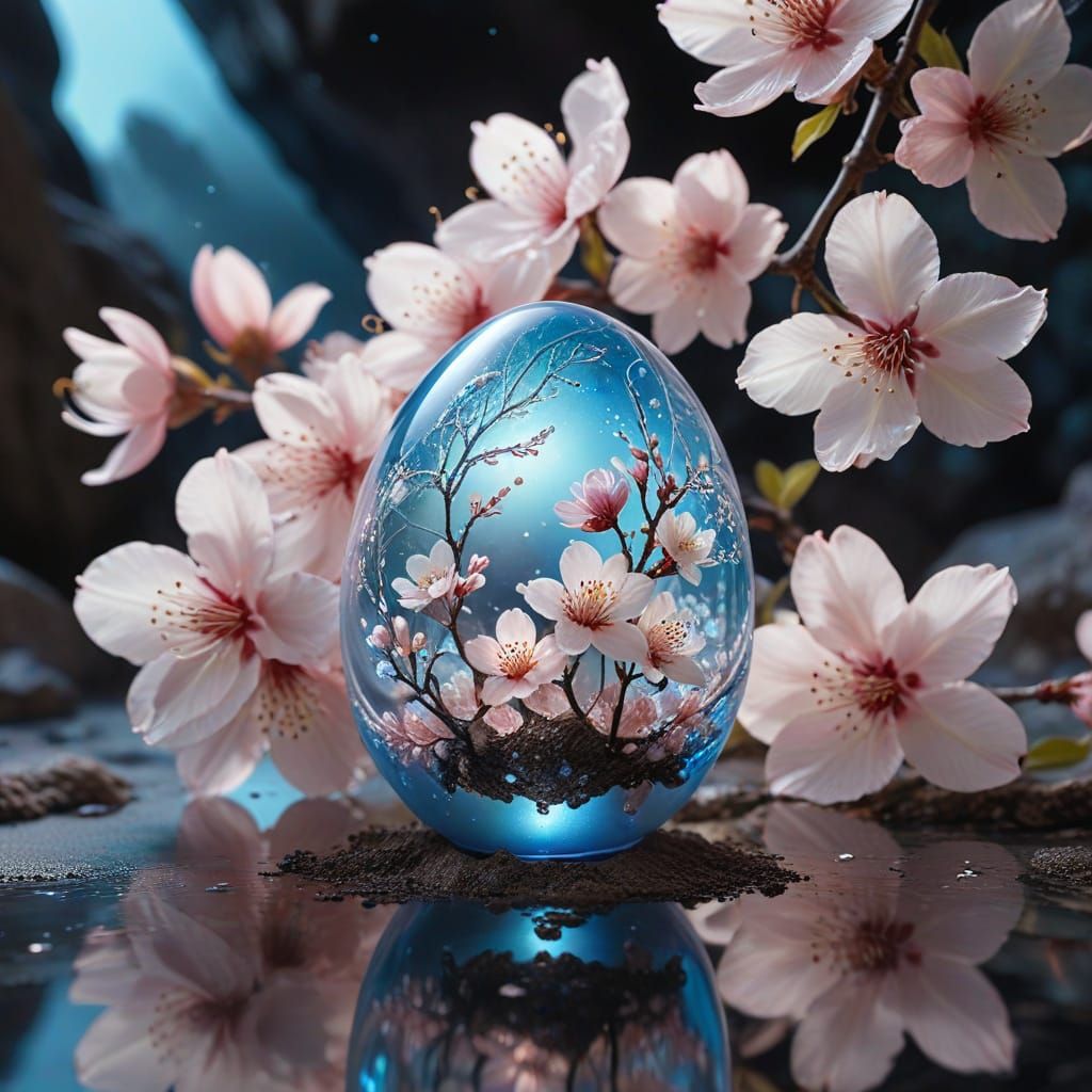 Glass Egg on Cherry Blossoms in Opalescent Cave