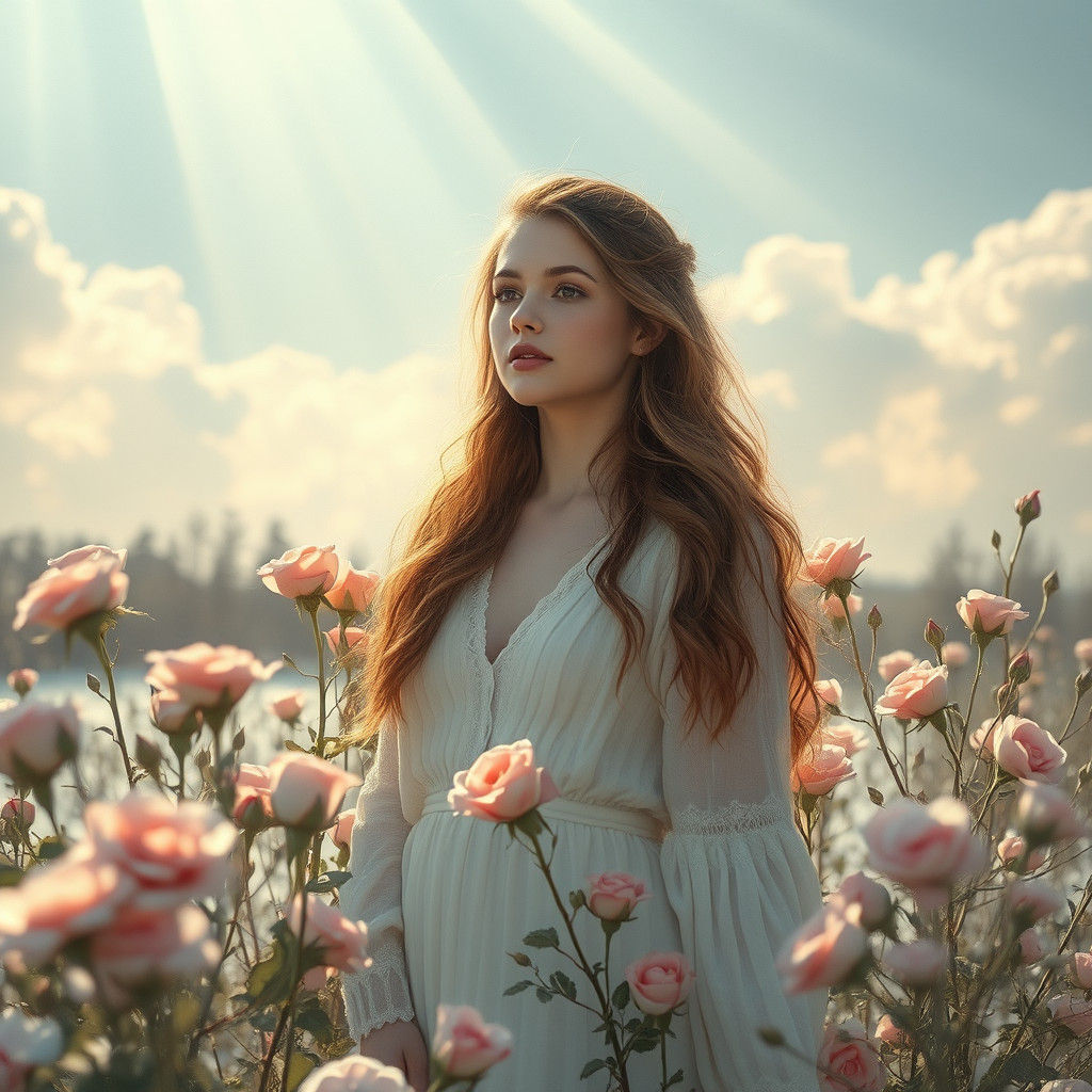 Woman in Winter Rose Landscape, Pre-Raphaelite Style