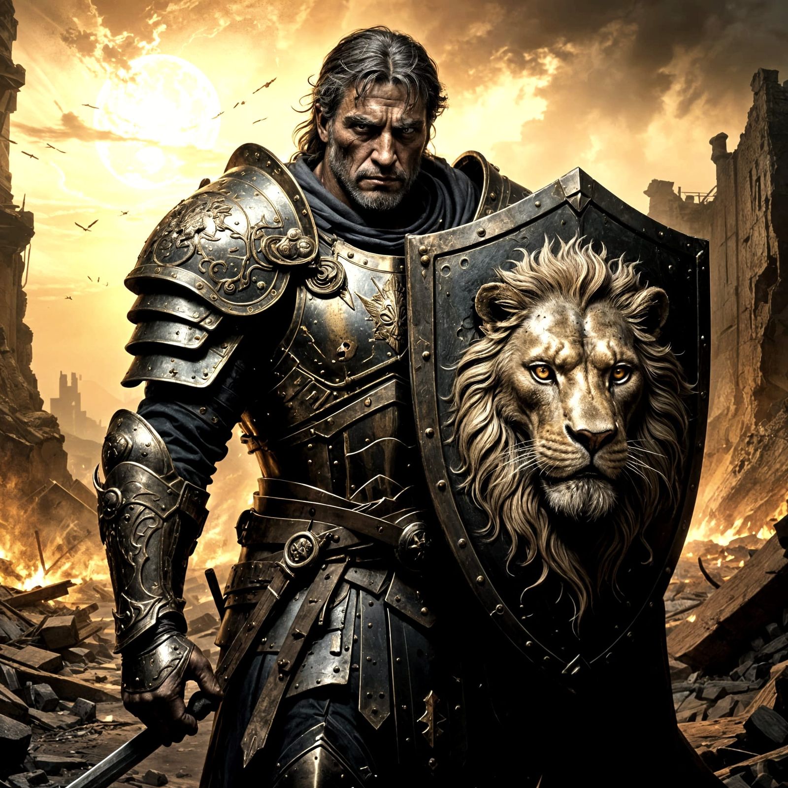 Weathered Warrior Stands Resolute with Regal Lion Shield