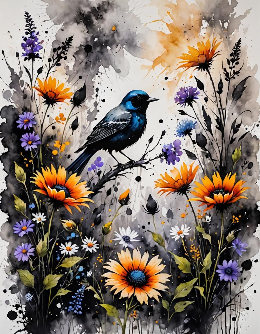 Enchanted Meadow: Soot Painting with Bird and Flower