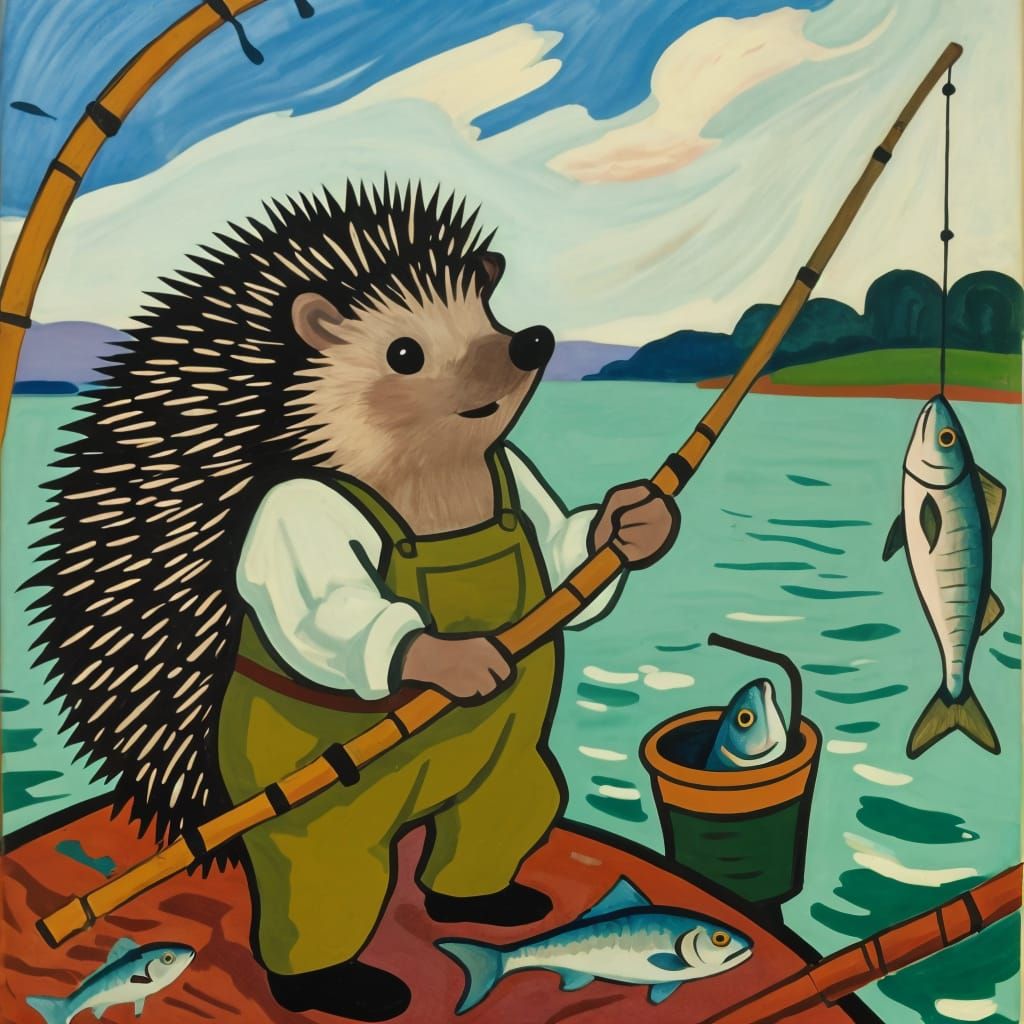 Hedgehogs as Brave Fishermen in Expressive Style