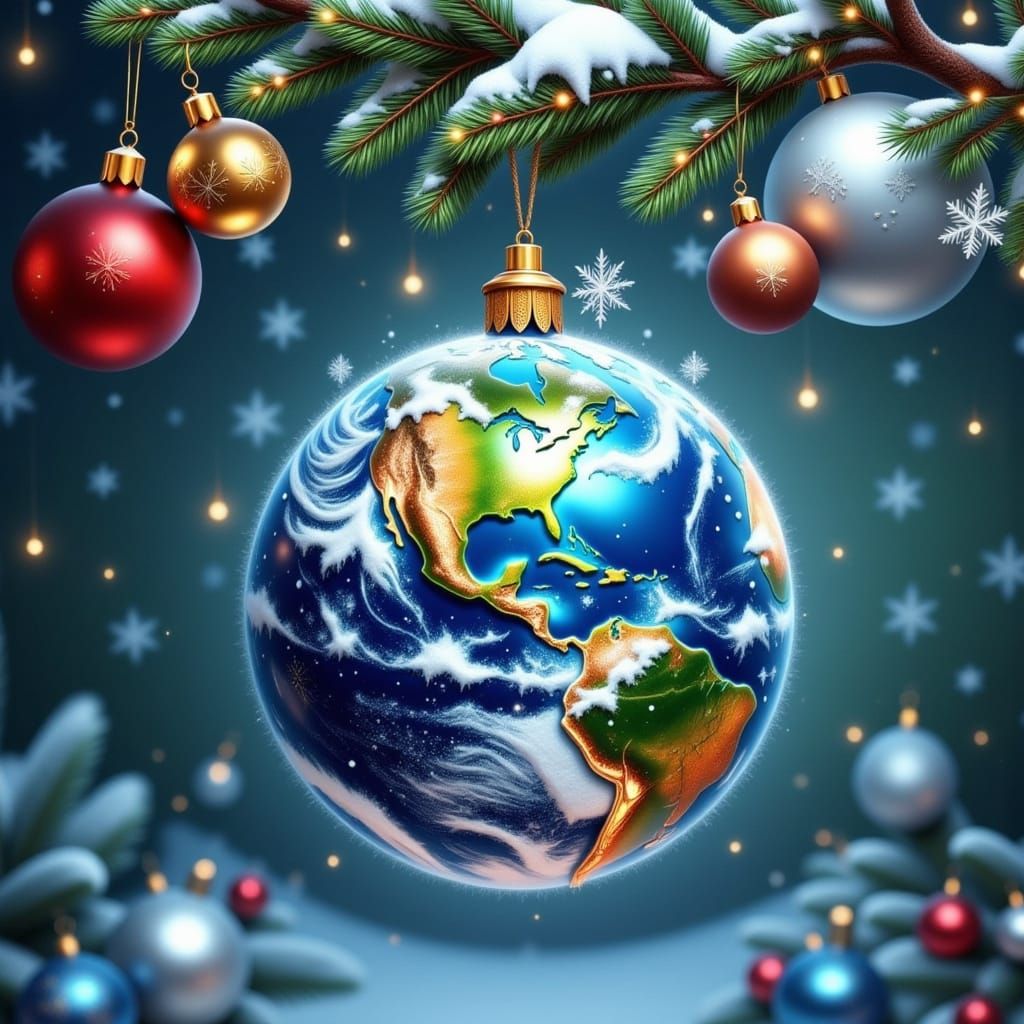 Earth as Christmas Ornament in Winter Wonderland