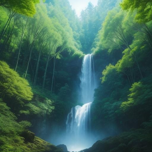 Fairytale Forest Scene with Towering Trees and Waterfall