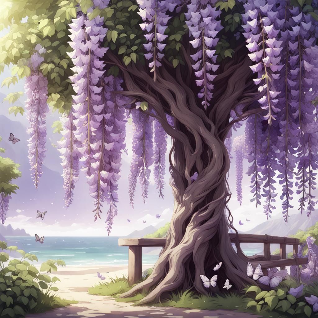 Wisteria Tree with Purple Butterflies in Anime Style