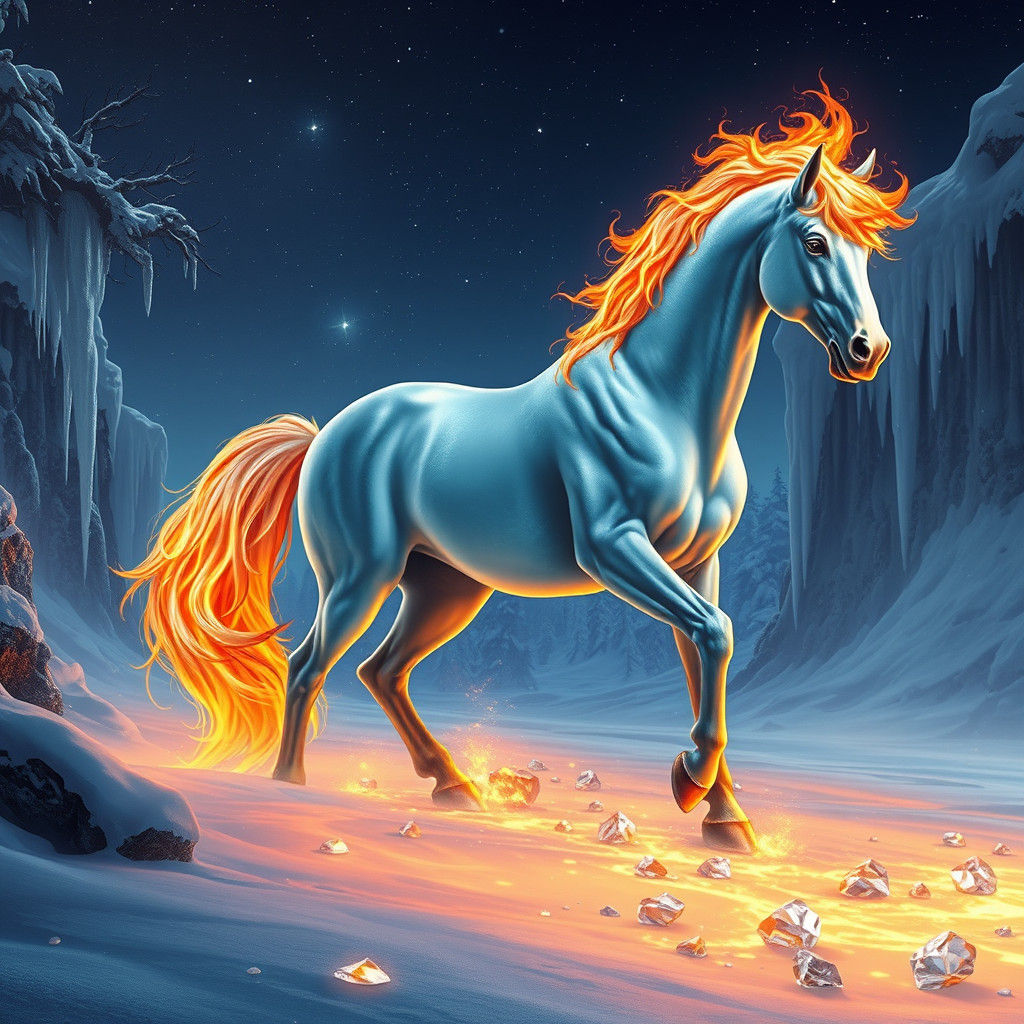 Mythical Horse with Fiery Mane in Snowy Landscape