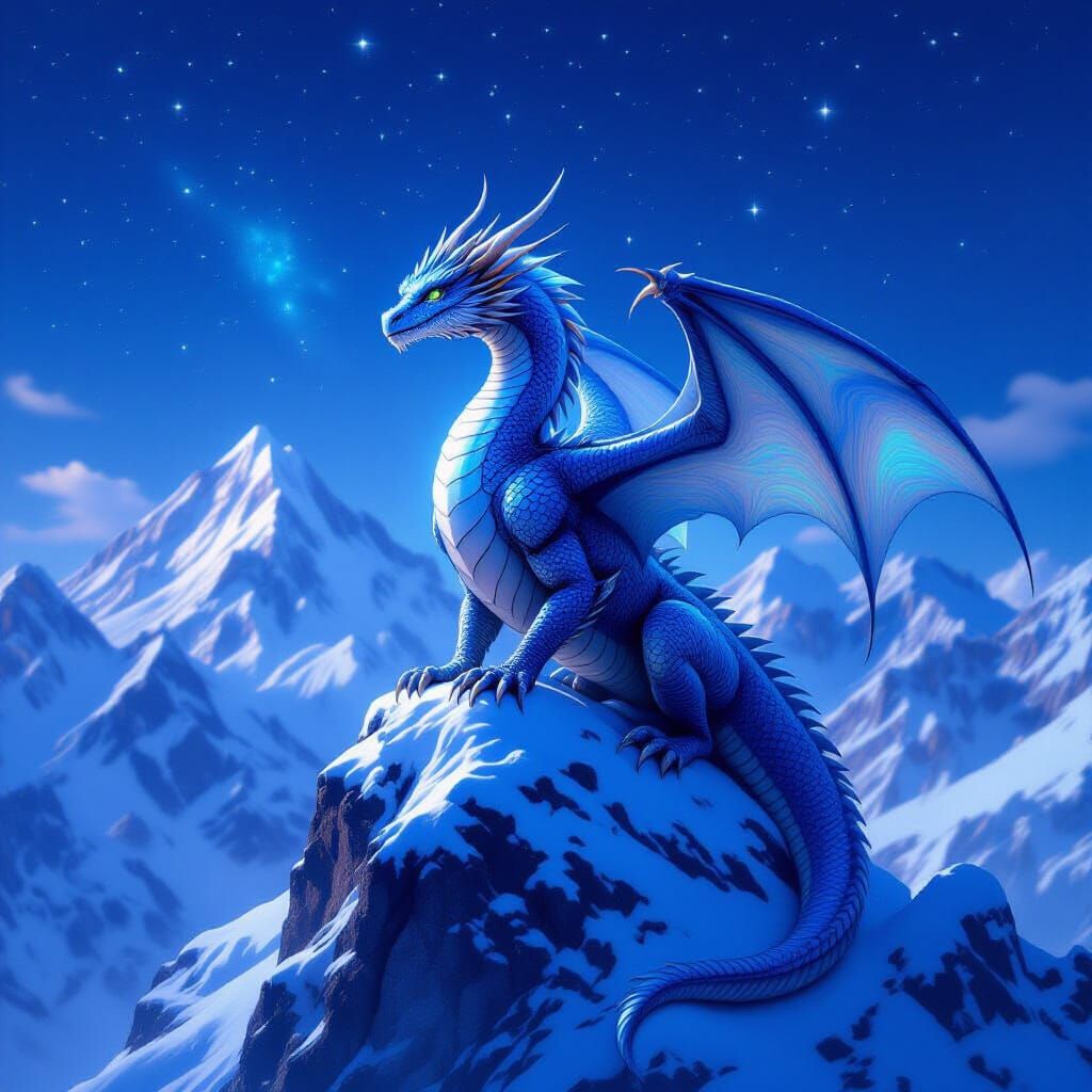 Sapphire Dragon on Snow-Capped Mountain