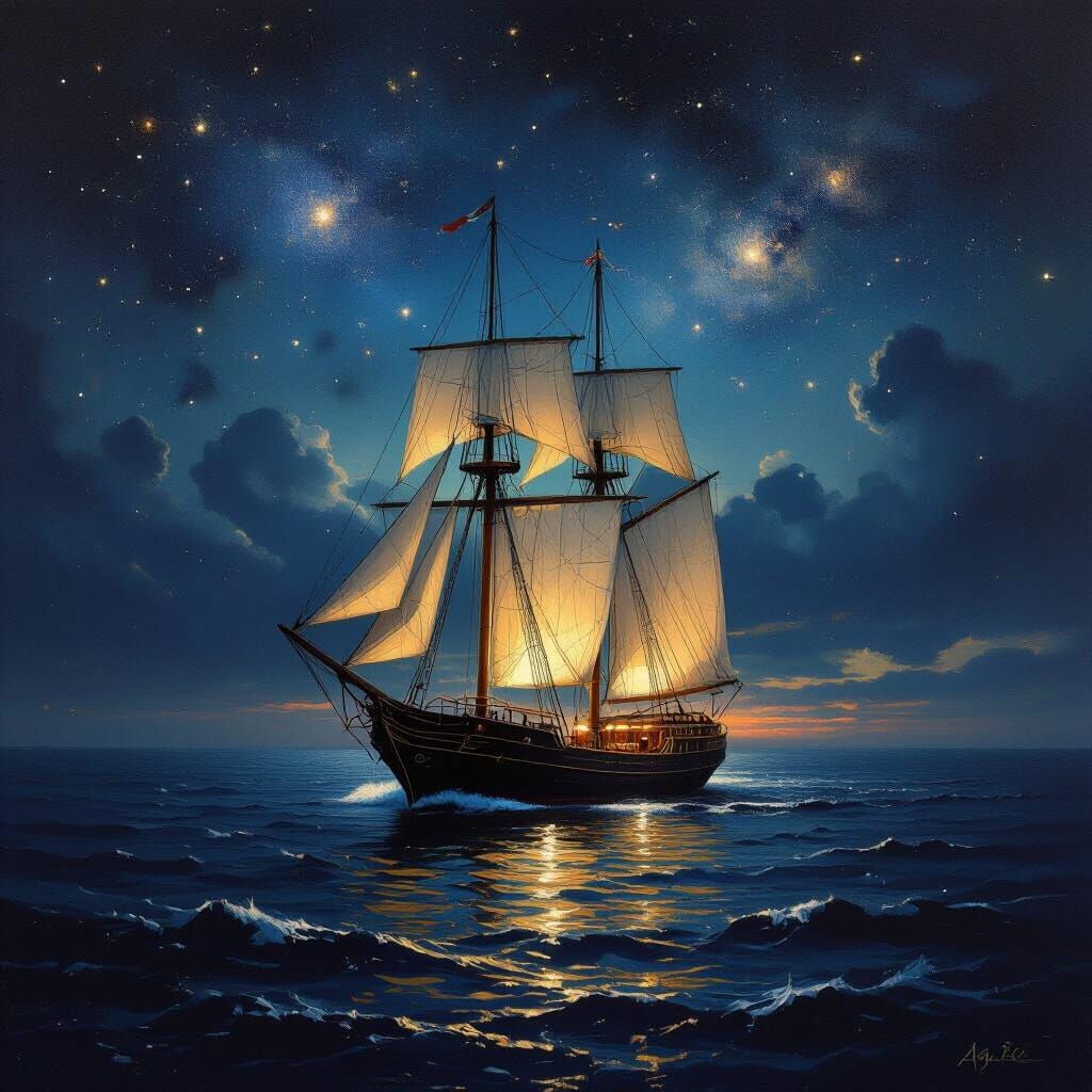 Galactic Sailing Ship in Maritime Oil Painting Style