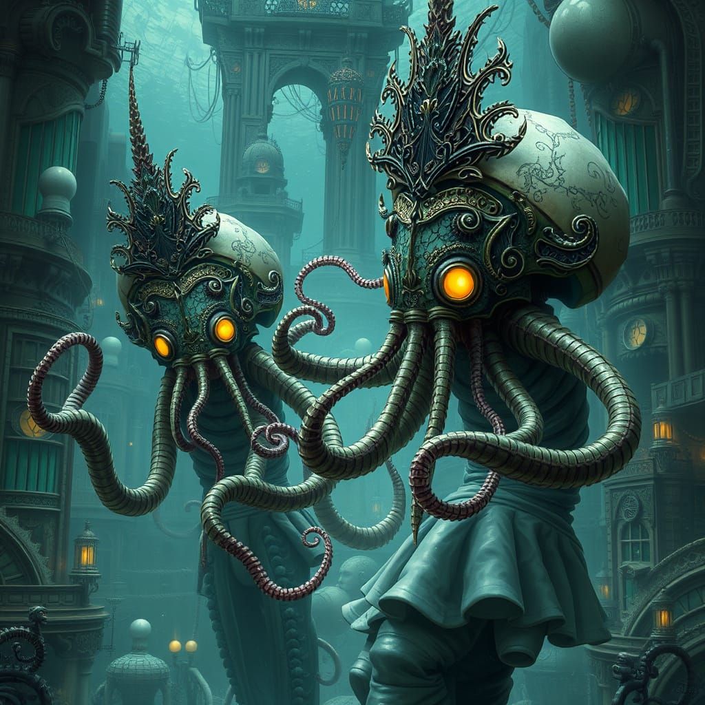 Gothic Tentacled Aristocrats in Underwater Steampunk City