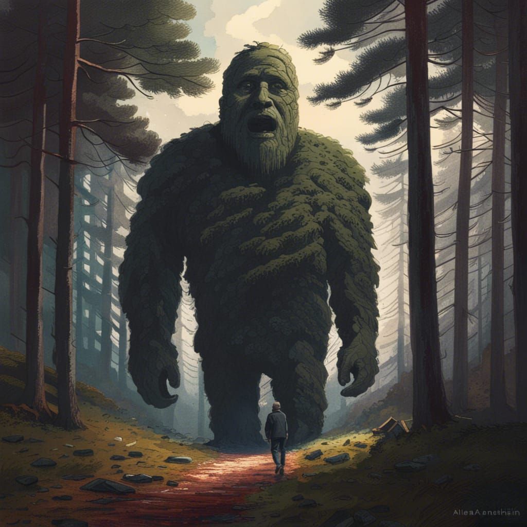 Giant Stone Man in Pine Forest: Matte Painting