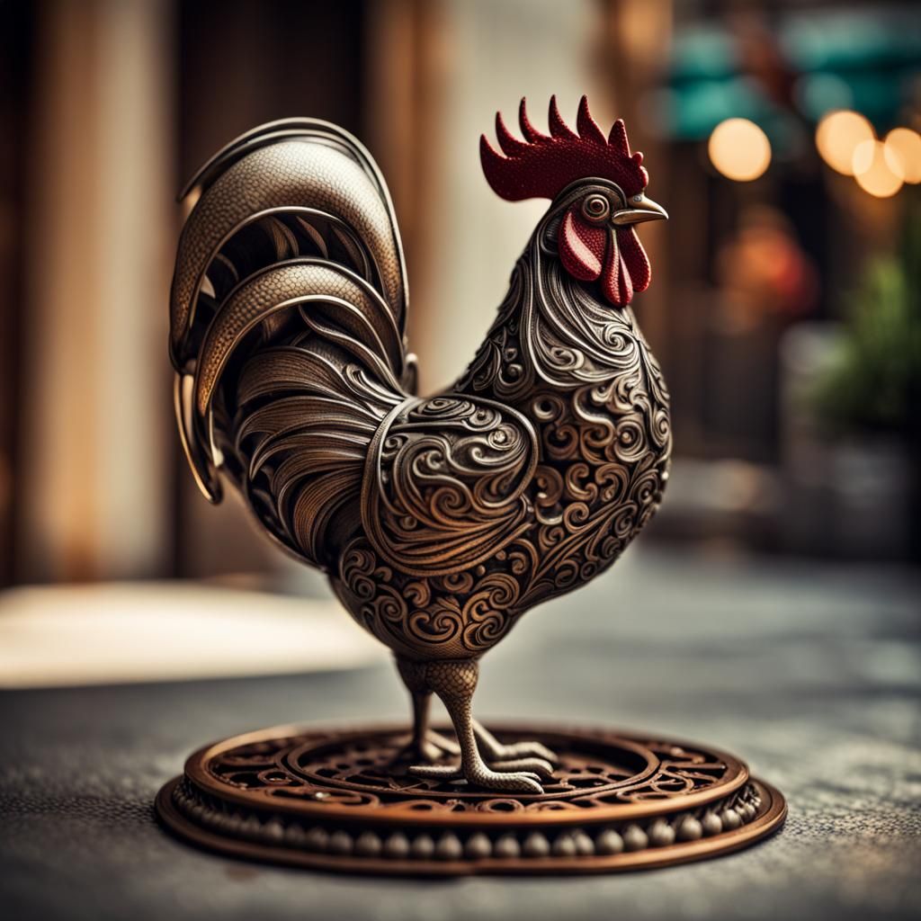Hyperrealistic Metal Rooster Sculpture in HDR