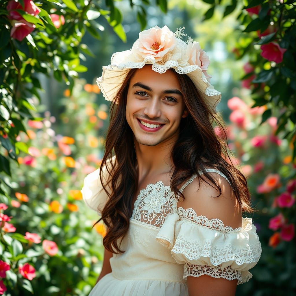 Muscular Young Man in Playful Garden Pose, Wearing Ivory Dre...