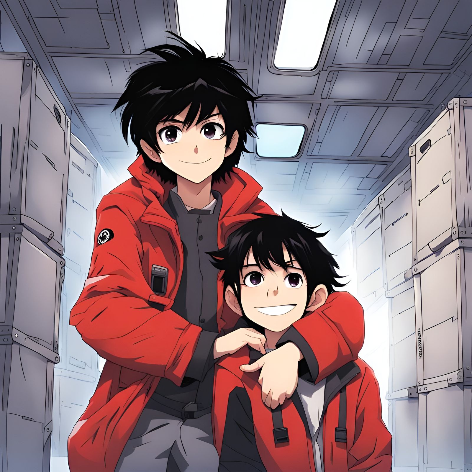 boy, 10 years, space ragamuffin, red big jacket, slanted eyes, shaggy black hair, smart, devious, smiling, spy. He hides...