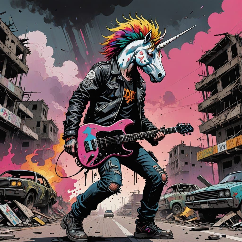 Punk Rock Unicorn Playing Guitar on Apocalyptic Highway