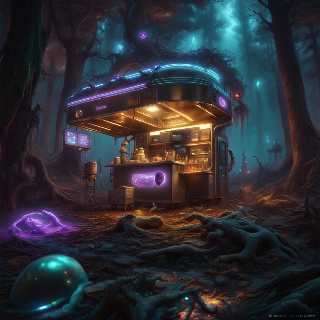 Bioluminescent Alien Food Trucks in Dark Fantasy Style
