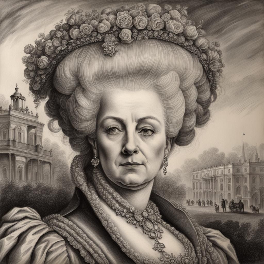 Hyperdetailed Charcoal Drawing of Marie Antoinette