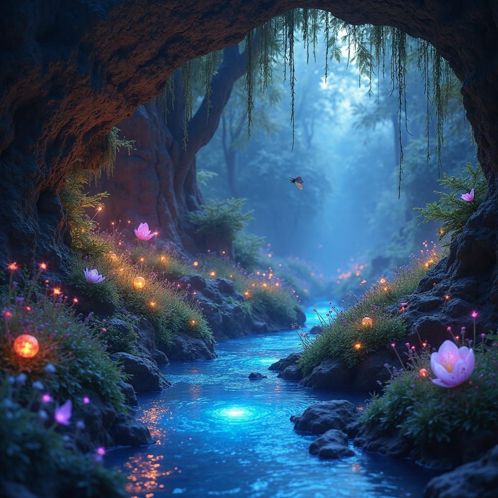 Fantastical Forest Grotto Illuminated by Bioluminescent Wond...