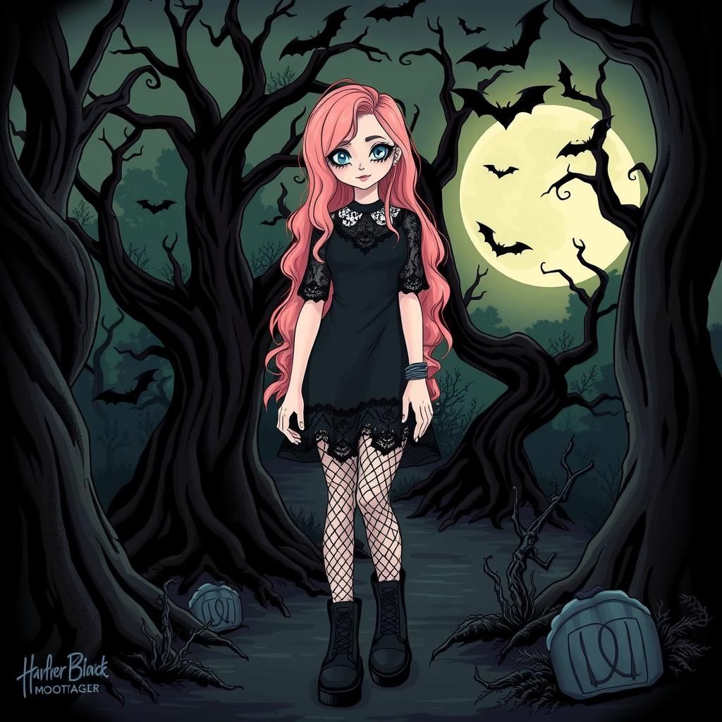 Gothic Girl in Moonlit Forest, Whimsical Digital Art