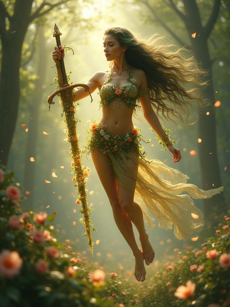 Ethereal Goddess Wields Nature's Blade in Blooming Realm