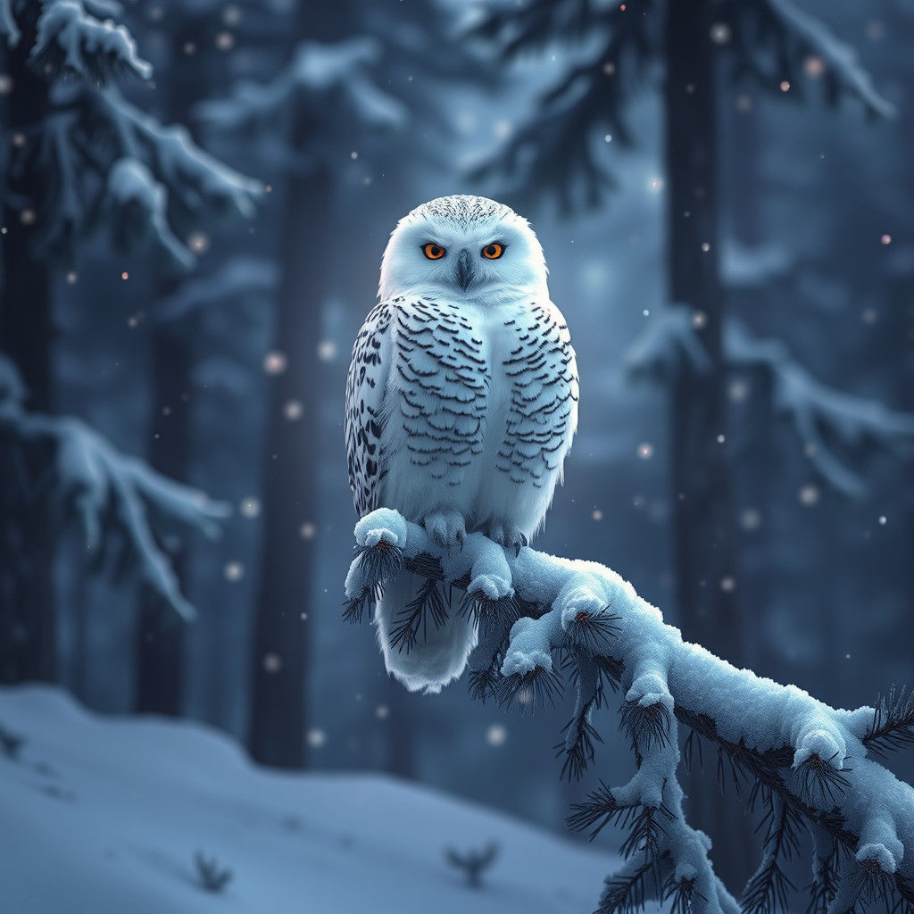 Snowy Owl in Winter Forest, Fantasy Concept Art