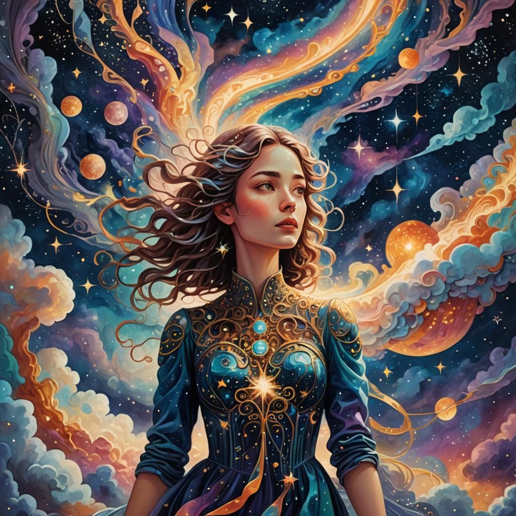 Celestial Woman in Surreal Mixed Media Illustration