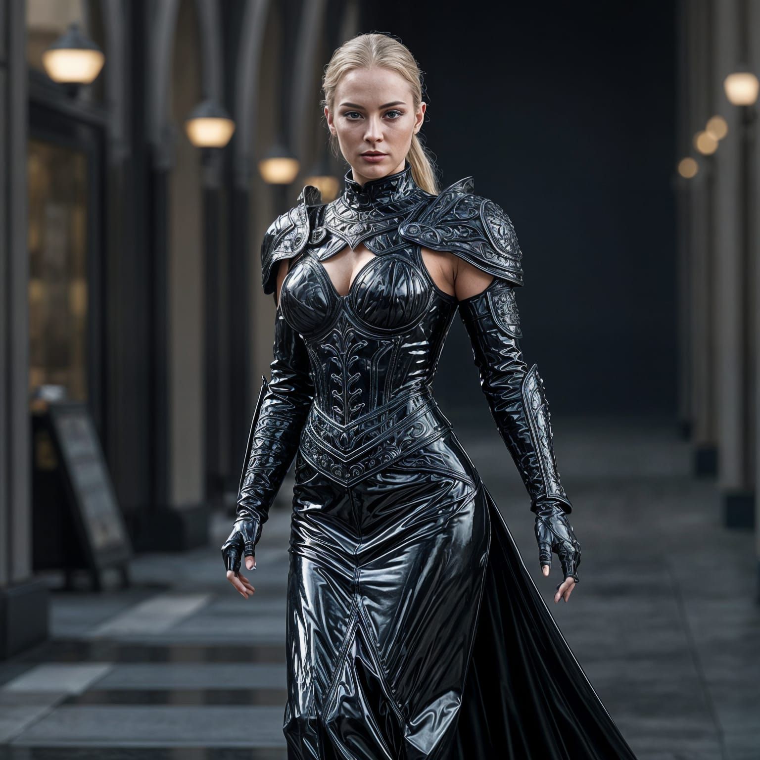 Hyperrealistic Mature Woman in Intricate Latex Armor