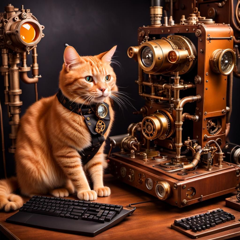 Orange Cat at Steampunk Gaming PC