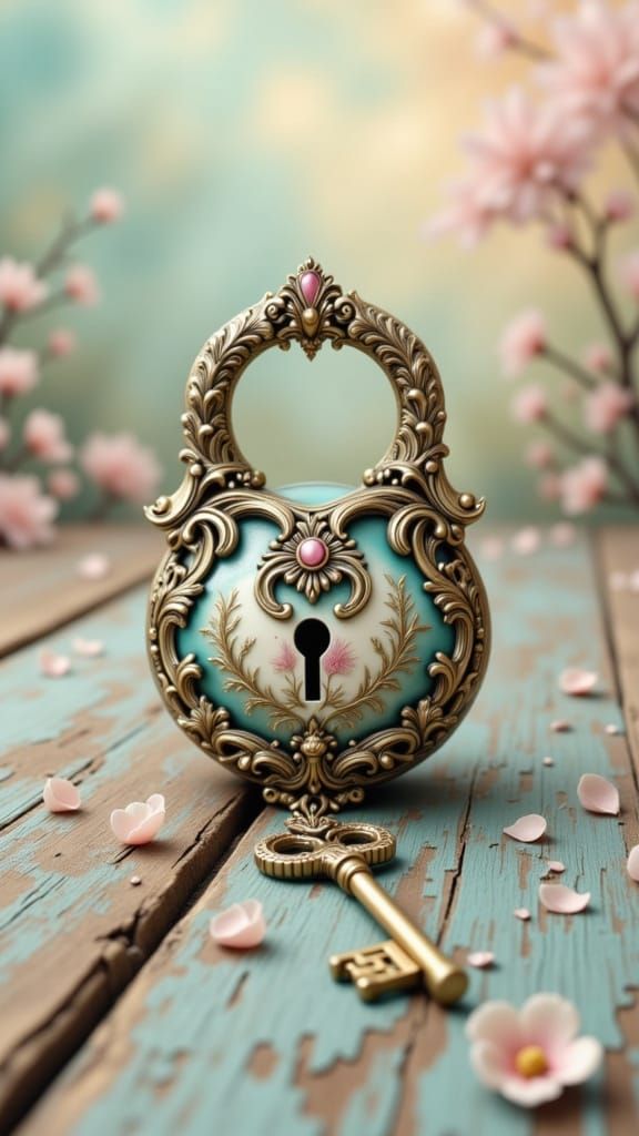 Ornate Rococo Lock with Key in Pastel Hues