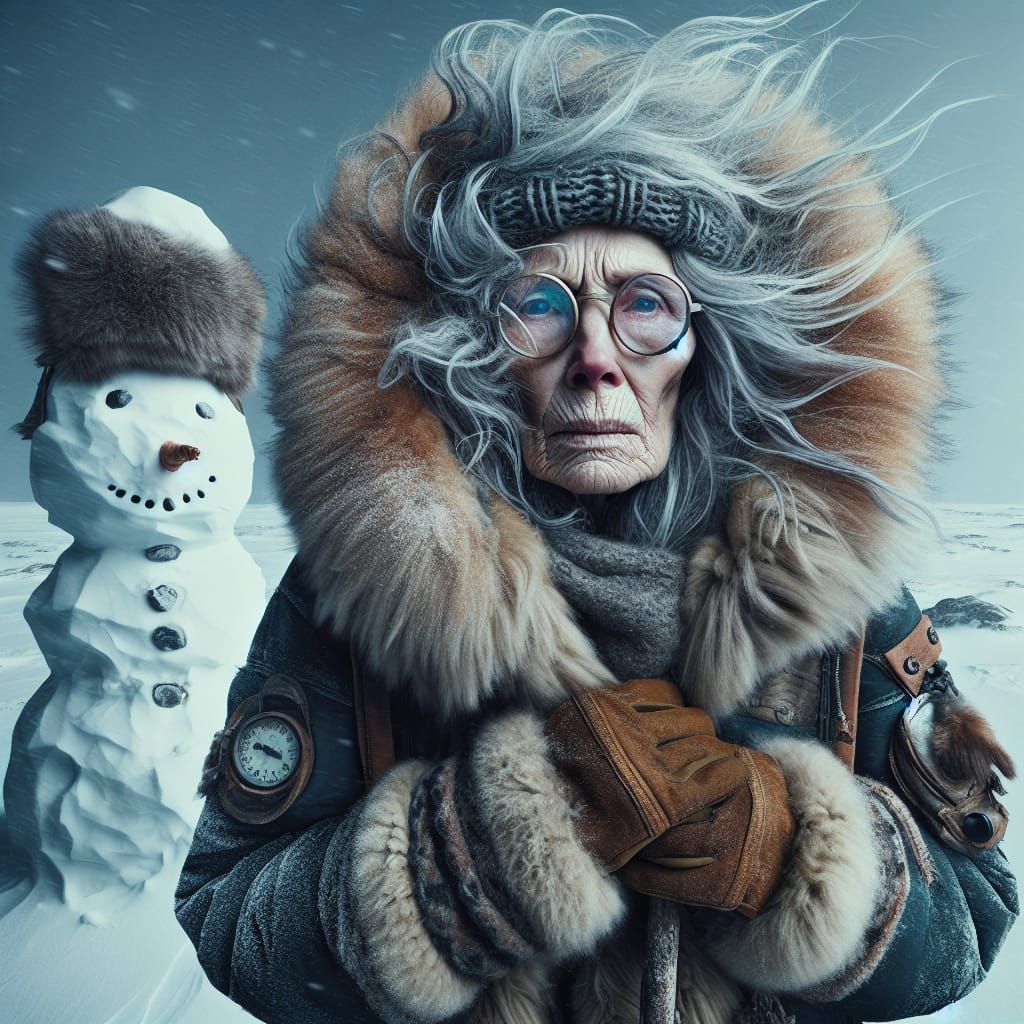 Frazzled Woman in Snowy Landscape, Oil on Canvas