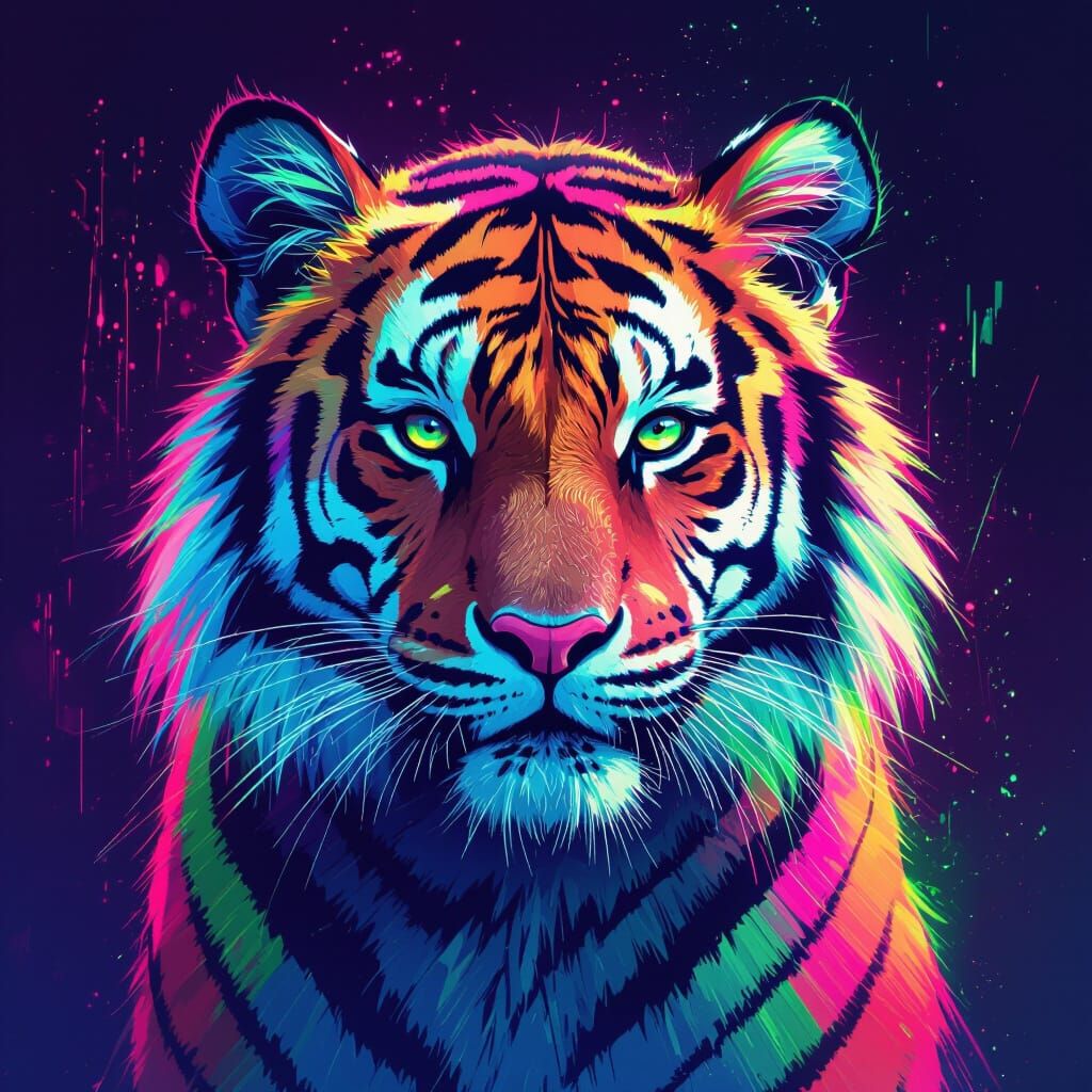 Iridescent Neon Tiger in Futuristic Illustration Style