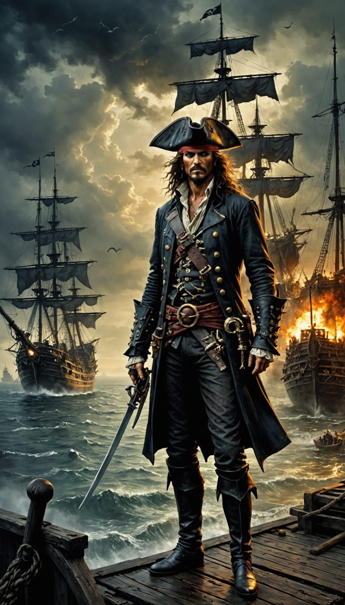 Hyper realisitc oil painting by Luis Royo: pirate harbour at...