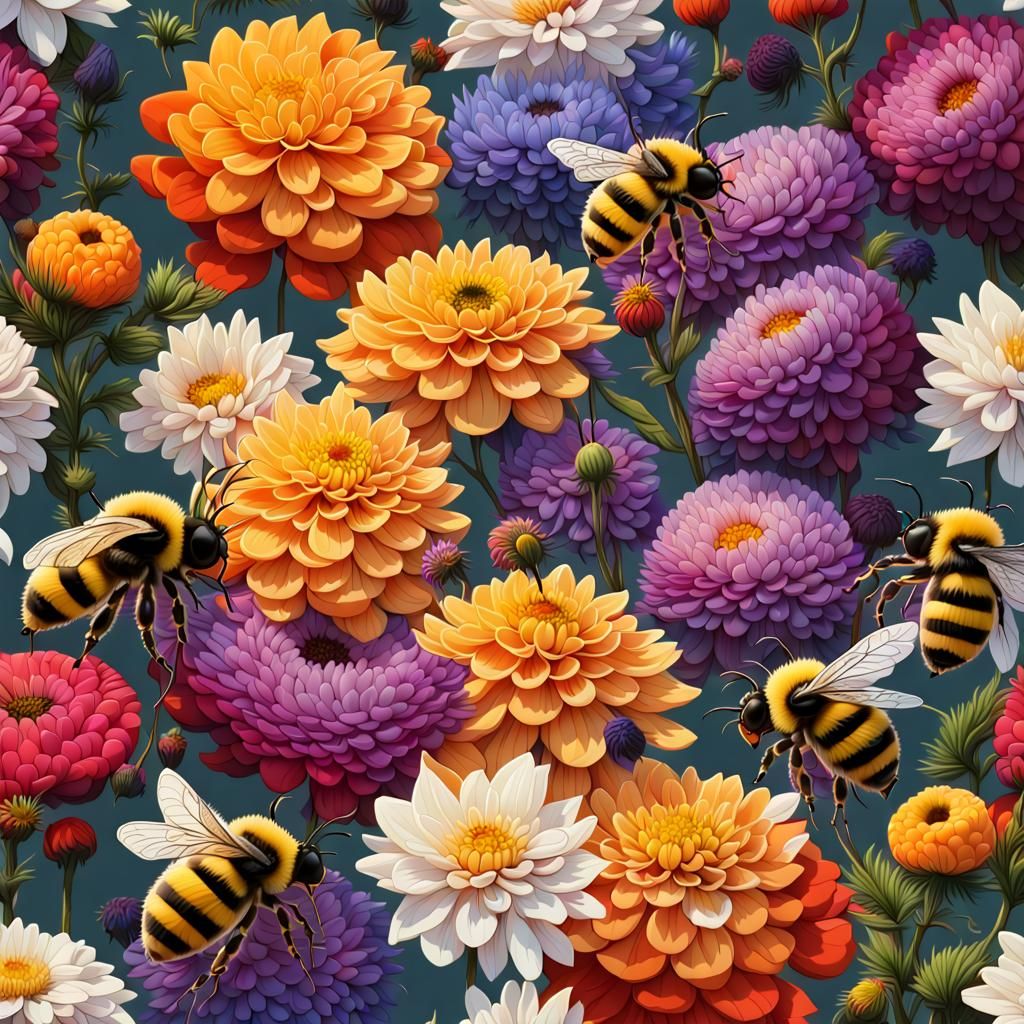 Bee Climbing Dahlias with Hyperdetailed Rendering
