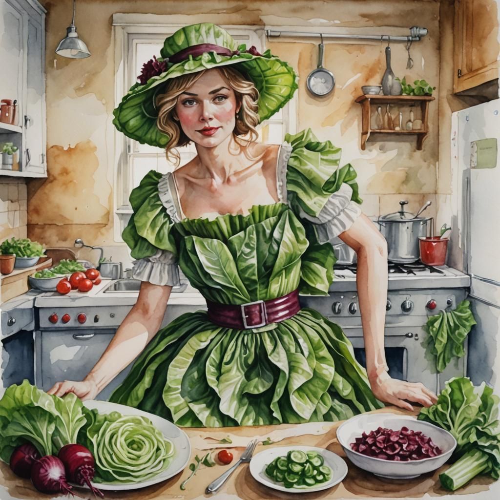 Lettuce Dress Lady in Watercolour Kitchen Scene