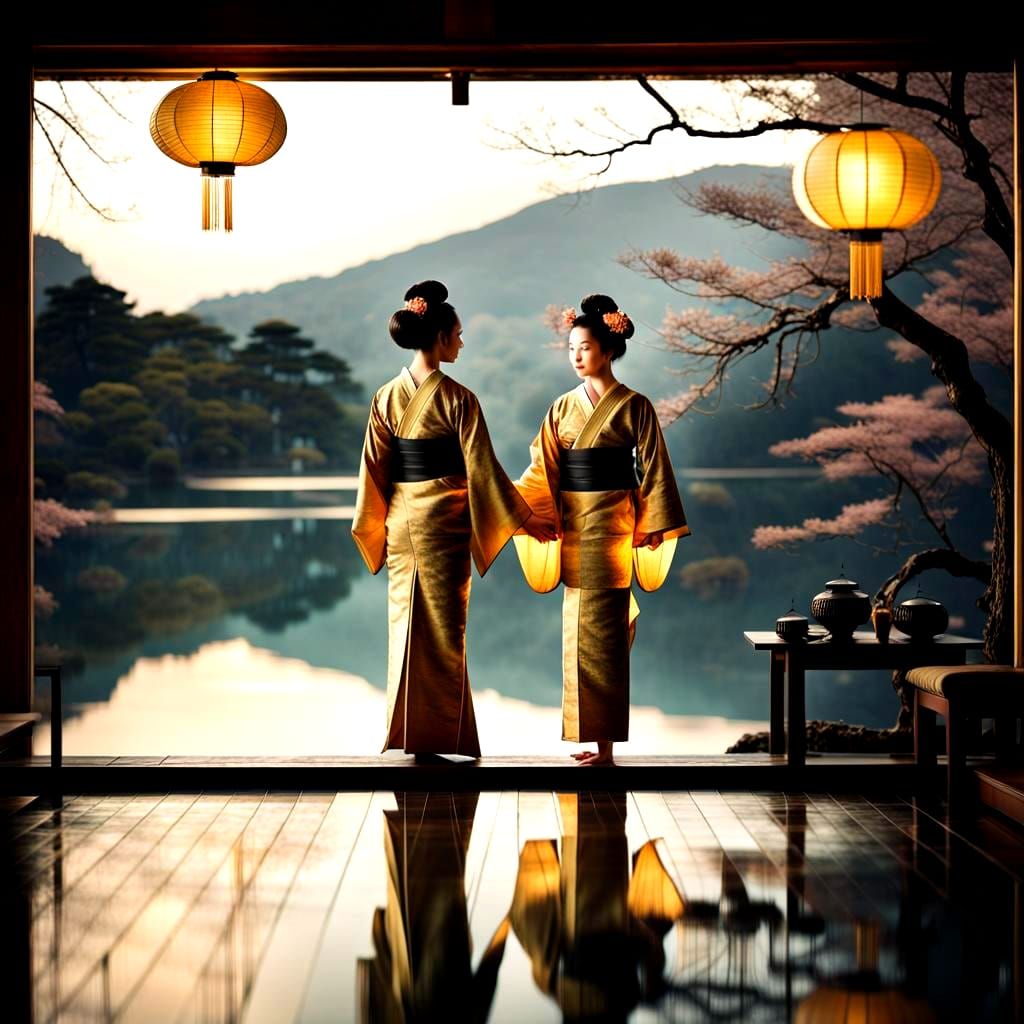 Bioluminescent Gold Geisha in Tea Room