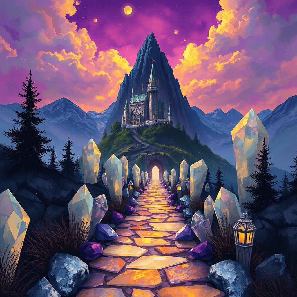 Crystal Path to Mountain Castle in Alcohol Ink Style