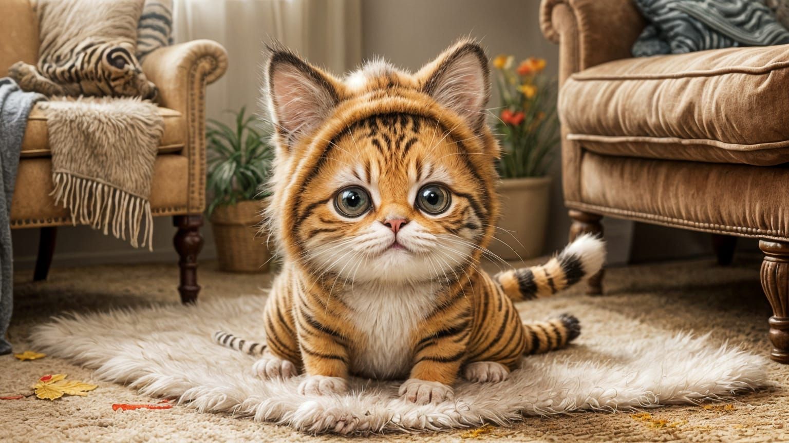 A fluffy house cat meticulously dressed in a miniature, ill-...