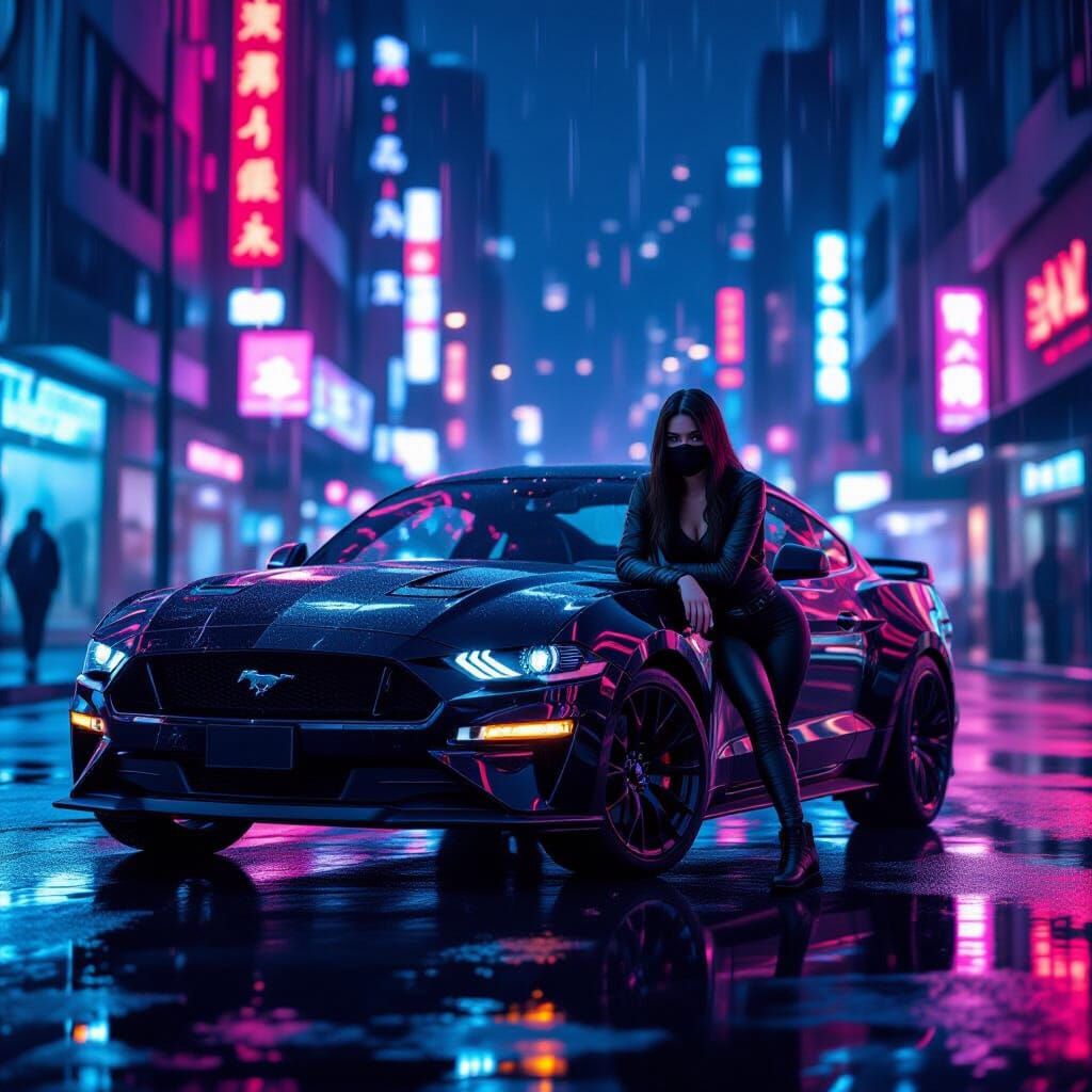 Cyberpunk Girl and Mustang in Neon City
