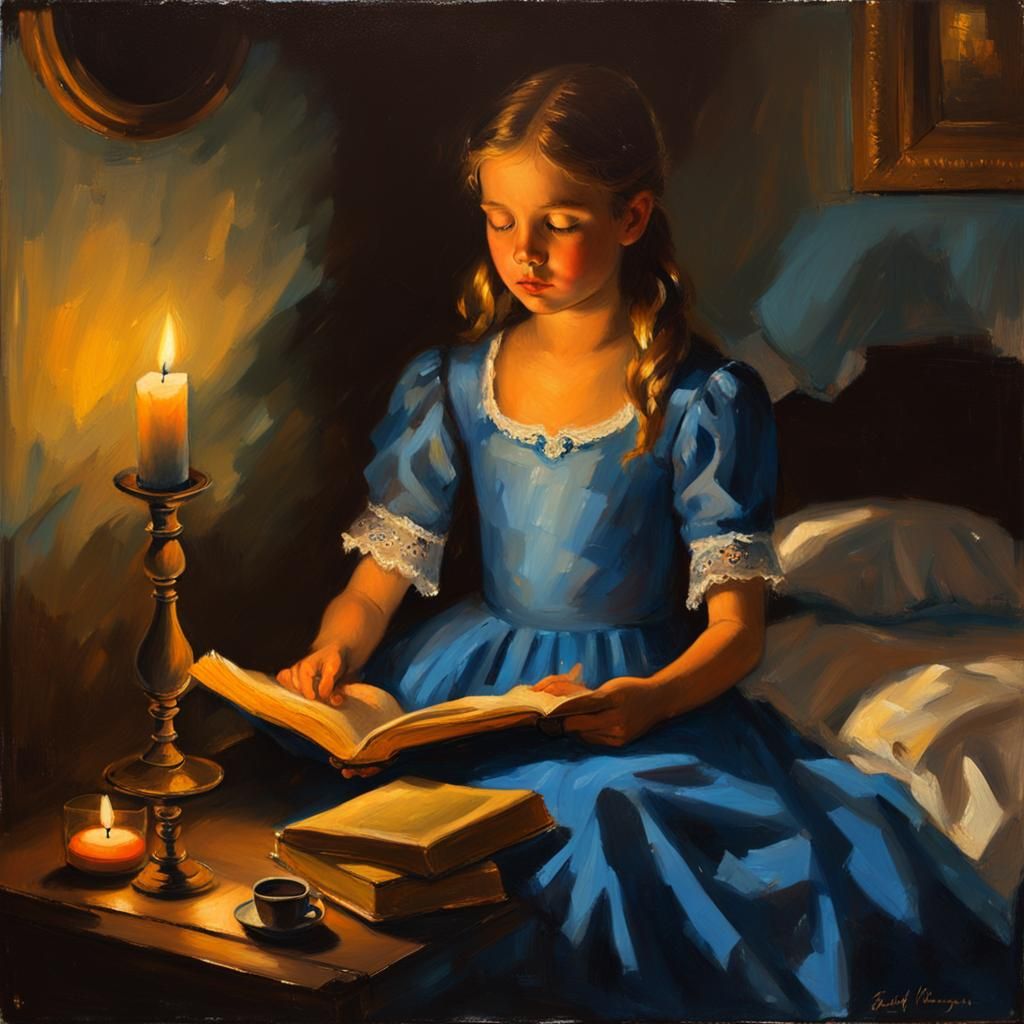 Girl Reading by Candlelight as Oil Painting