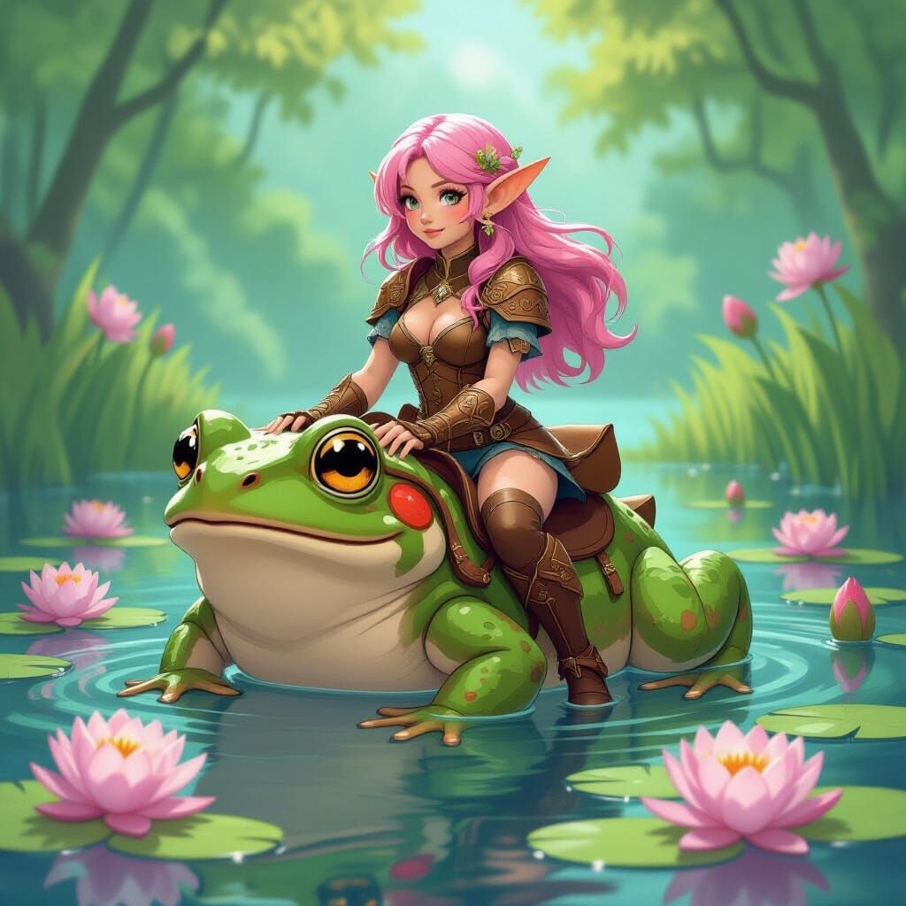 Elf Woman Rides Frog in Miyazaki-esque Fantasy Scene