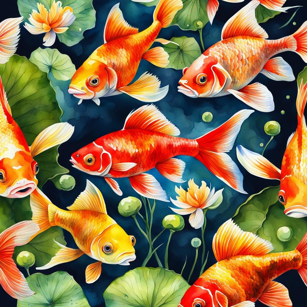 Watercolor Goldfish Pond: Colorful Detailed Painting