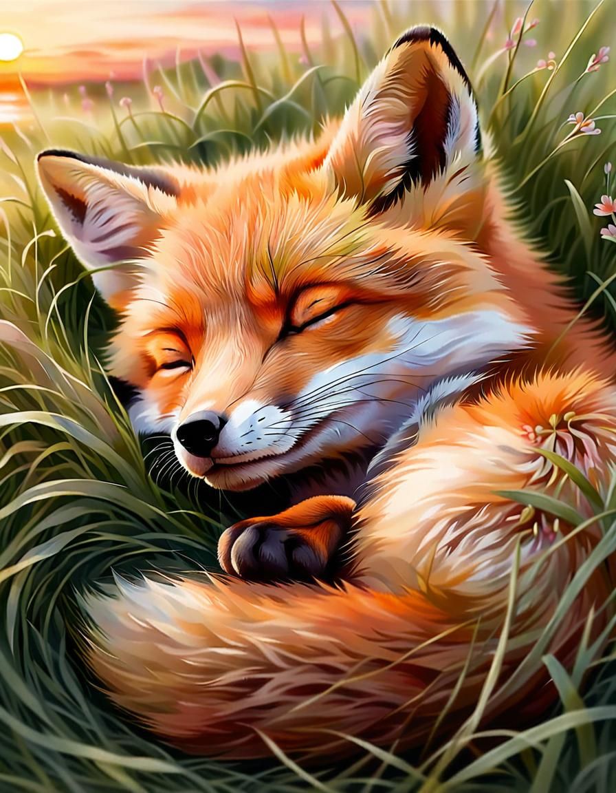 Sleeping Baby Fox in Watercolour Style