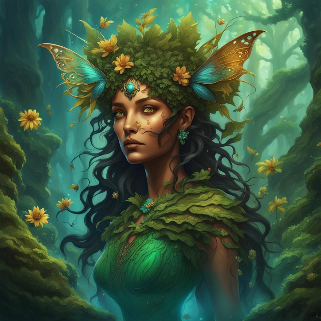 Mother Nature Goddess with Fairies in Wood Painting