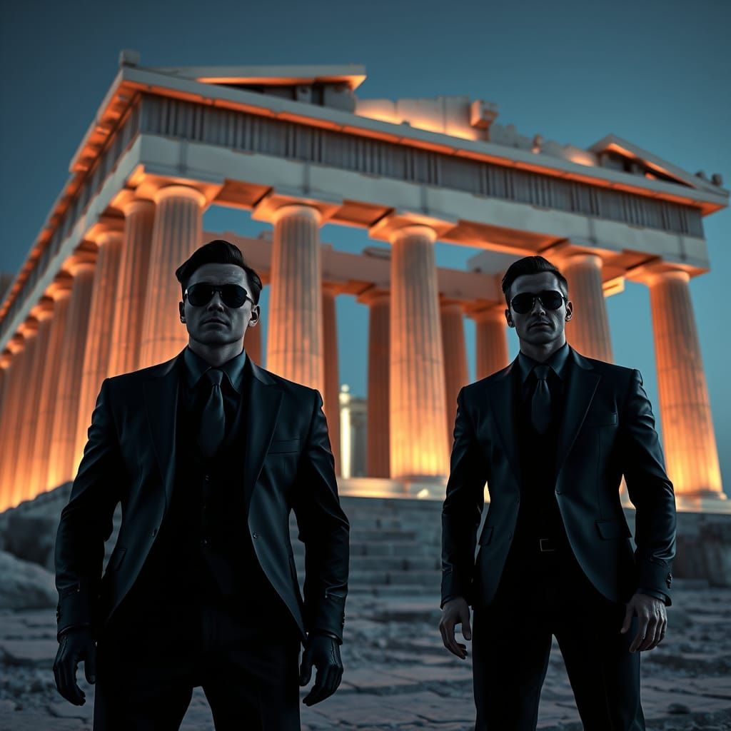 Men in High-Tech Black Suits Stand Guard at Ancient Greek Ic...