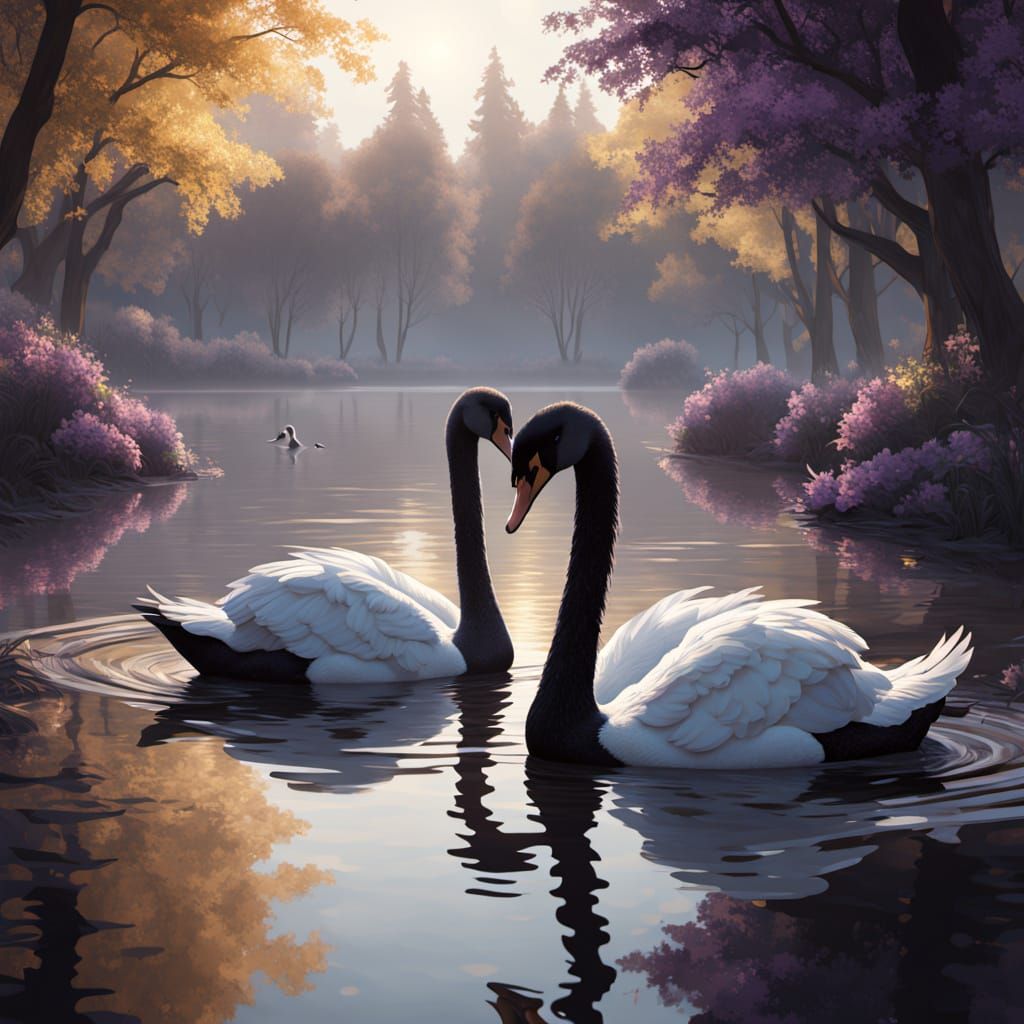 Ethereal Dawn on a Serene Lake: Swans and Chicks Amidst Gold...