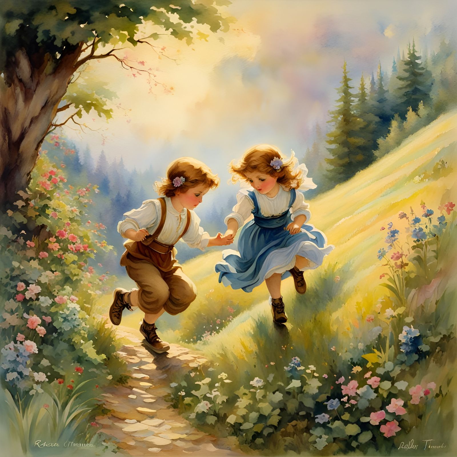 Children Tumbling Down a Hill in Watercolor Style