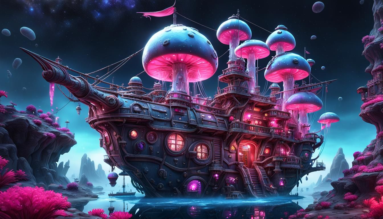 Space Colony Pirate Ship with Glass Mushrooms