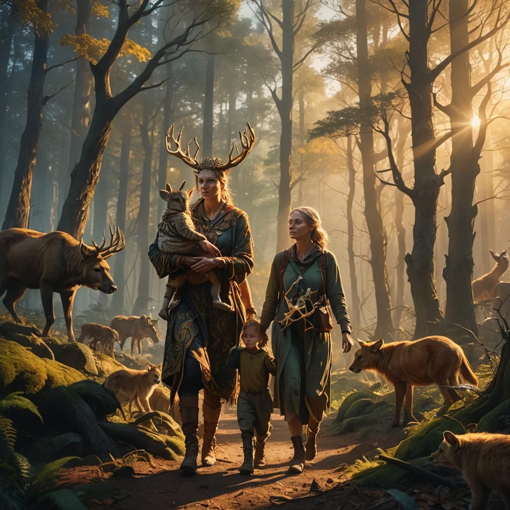 Mother and Child in Forest, Vibrant Oil Painting