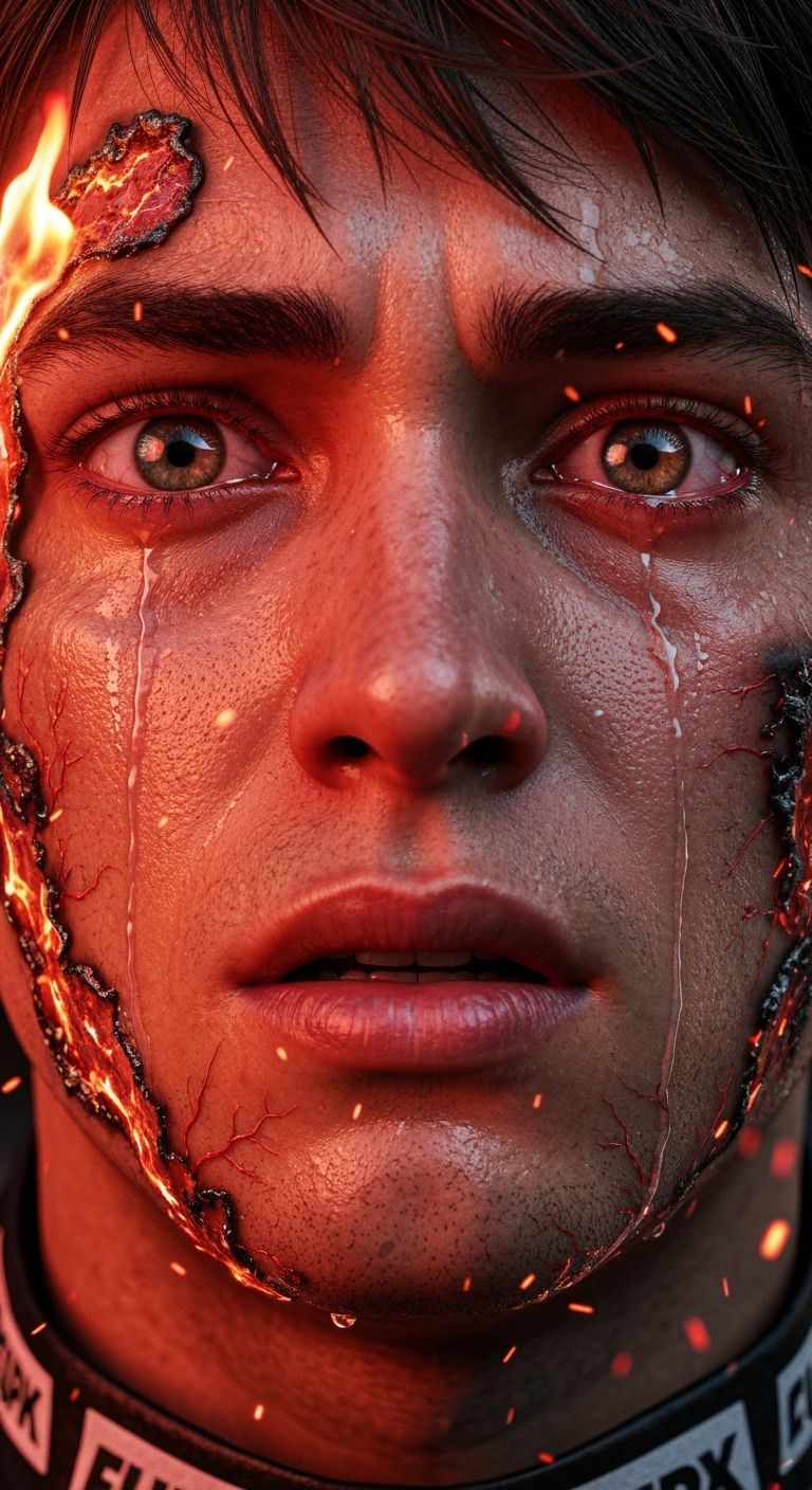 Male Racer's Face in Extreme Close-Up Horror