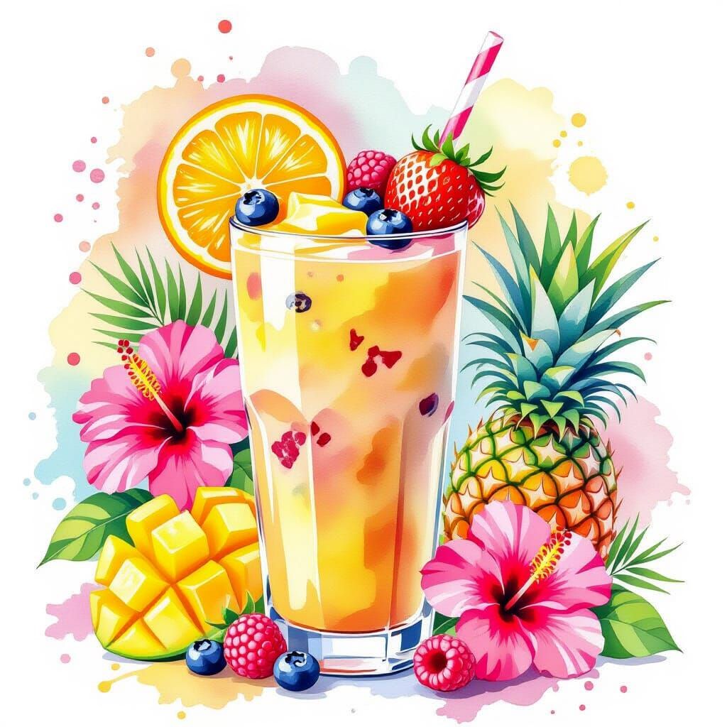 Tropical Citrus Smoothie with Hibiscus: Watercolor Art